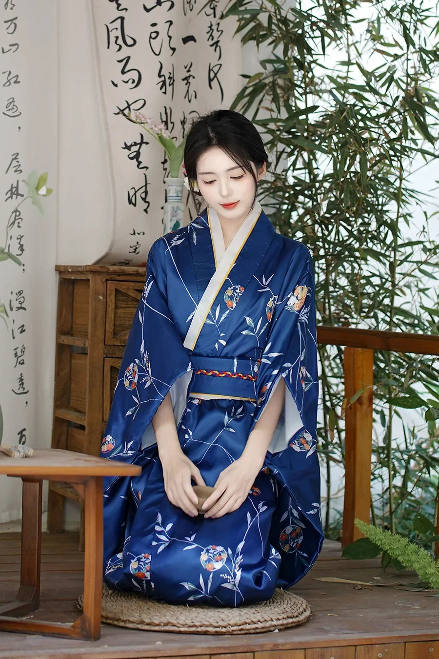 Yukata léger en polyester bleu royal pour femme