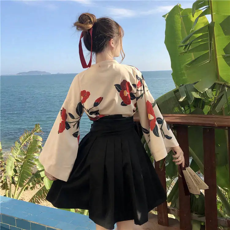 Kimono femme floral jupe noire