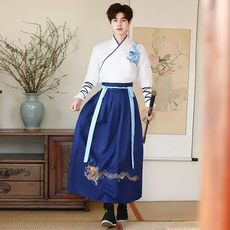 Hanfu blanc et bleu brodé dragon doré traditionnel KittyMono