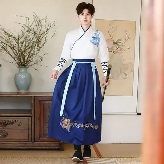 Hanfu blanc et bleu brodé dragon doré traditionnel KittyMono