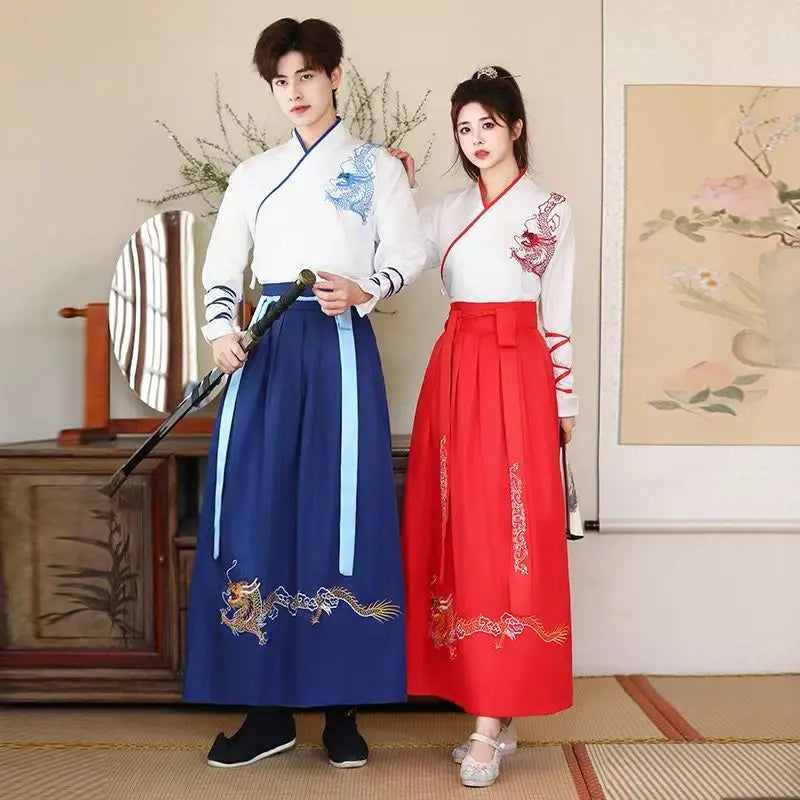 Hanfu céleste blanc et bleu à double dragon brodé