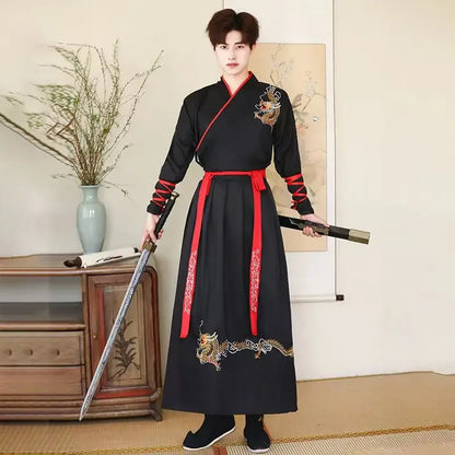 Hanfu noir et or brodé dragon doré traditionnel chinois