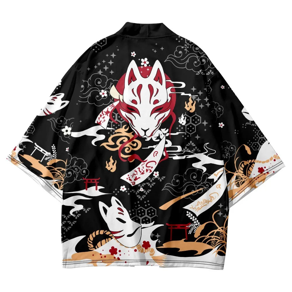 haori noir japonais avec imprimé kitsune mystique