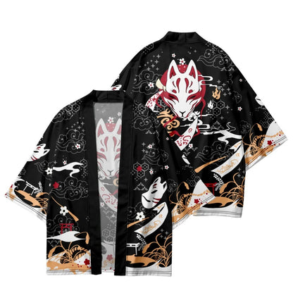 haori streetwear japonais avec renard kitsune sur fond noir