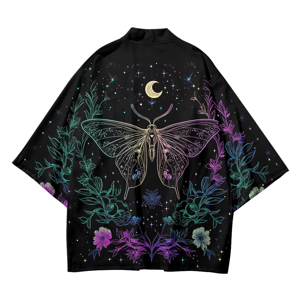 Motif lune croissante dorée imprimée sur haori