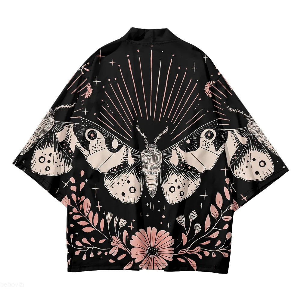 Haori noir bicolore avec papillon blanc et plantes astrales - vue de face