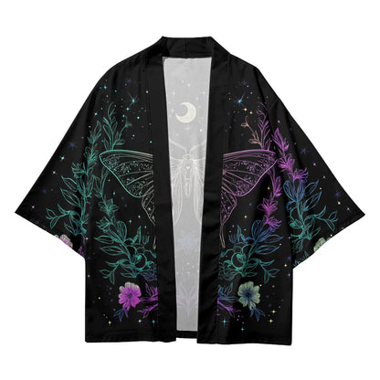 Haori papillon nocturne céleste noir imprimé lune et fleurs