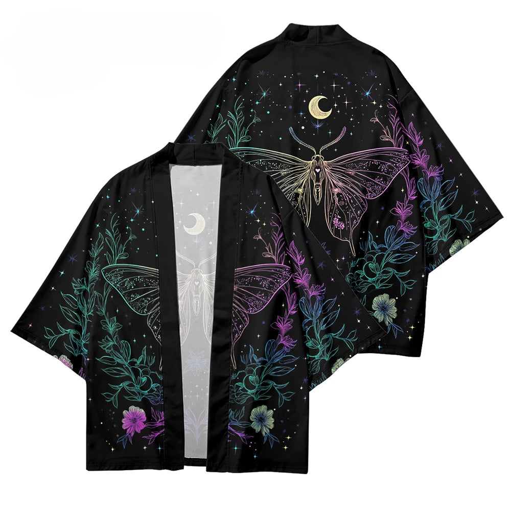 Détail haori vue d’ensemble papillon iridescent et flore étoilée