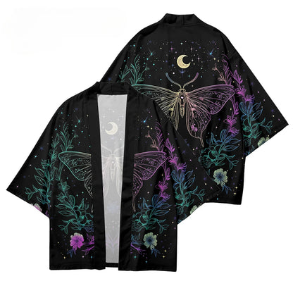 Détail haori vue d’ensemble papillon iridescent et flore étoilée