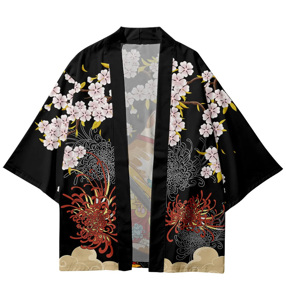haori unisexe chat samouraï face aux fleurs de cerisier