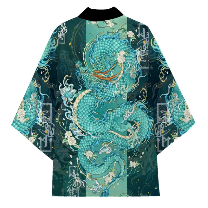 haori japonais unisexe dragon bleu azur