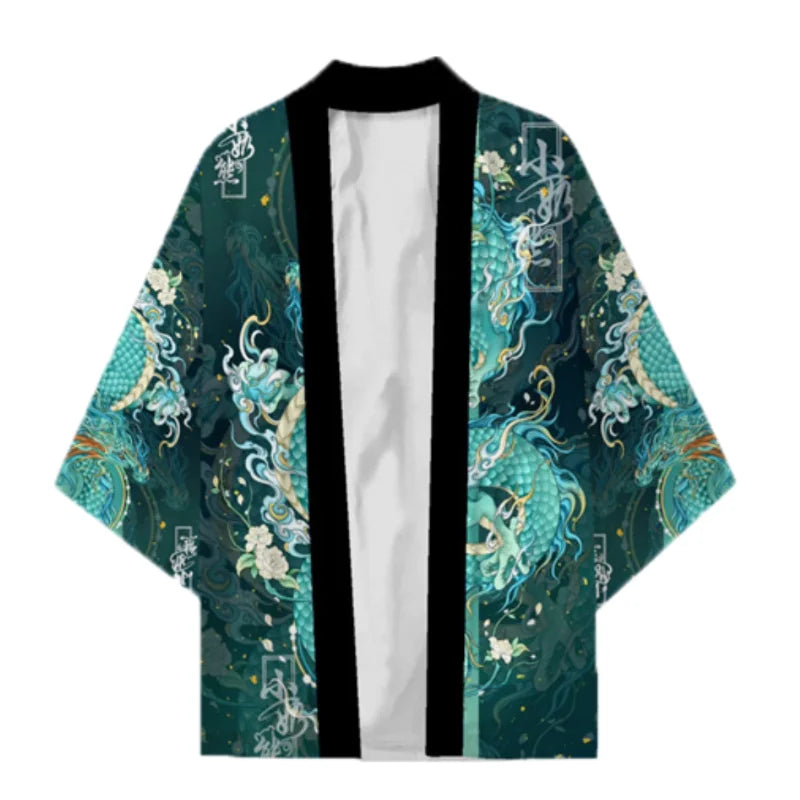 haori homme femme motif dragon bleu cyan