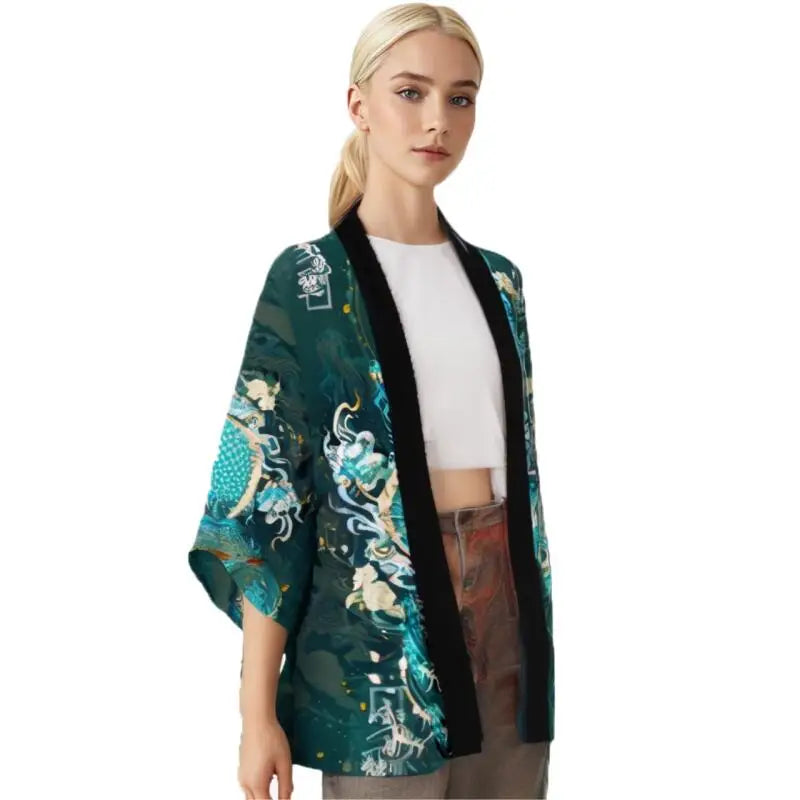 détail du dragon bleu sur haori japonais