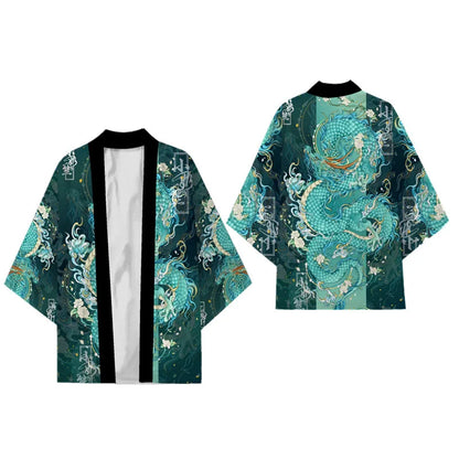 modèle portant haori japonais dragon bleu