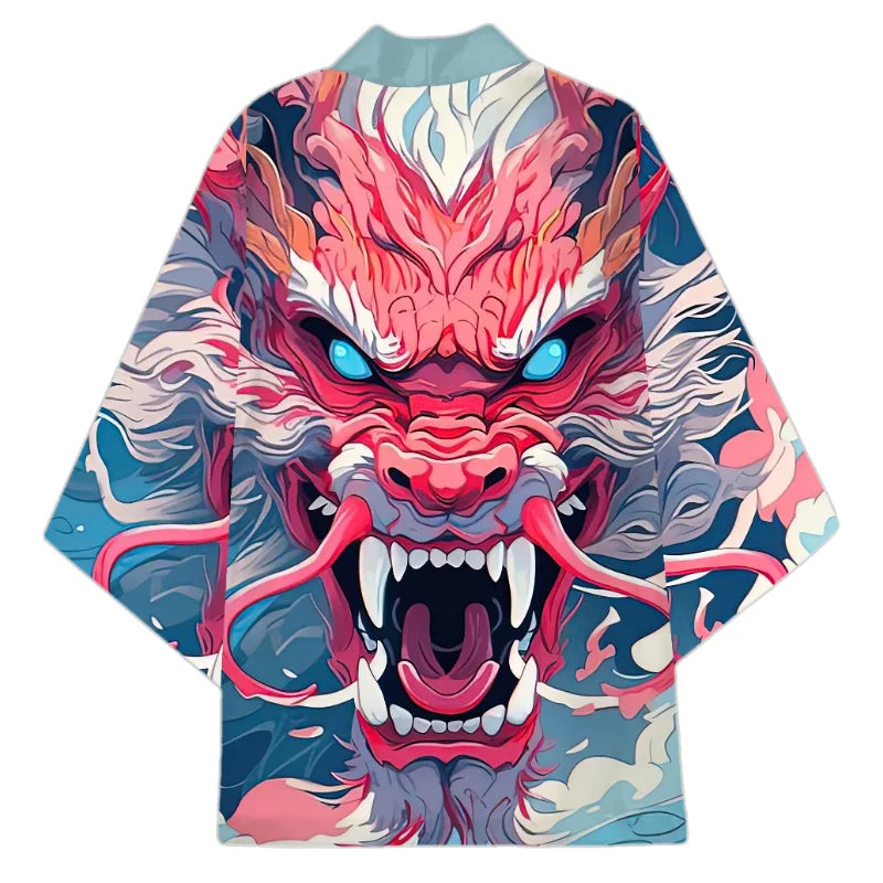 haori japonais dragon rouge sur fond bleu