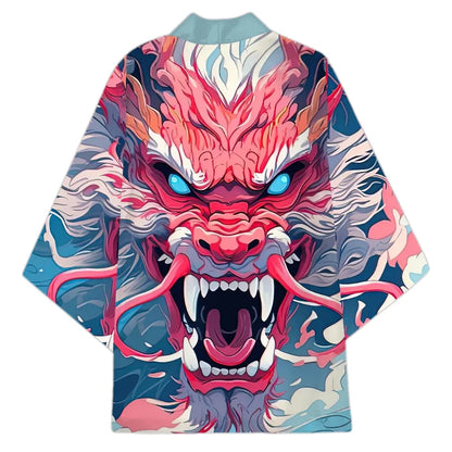 haori japonais dragon rouge sur fond bleu
