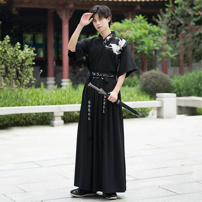 Kimono hanfu long noir unisexe élégant