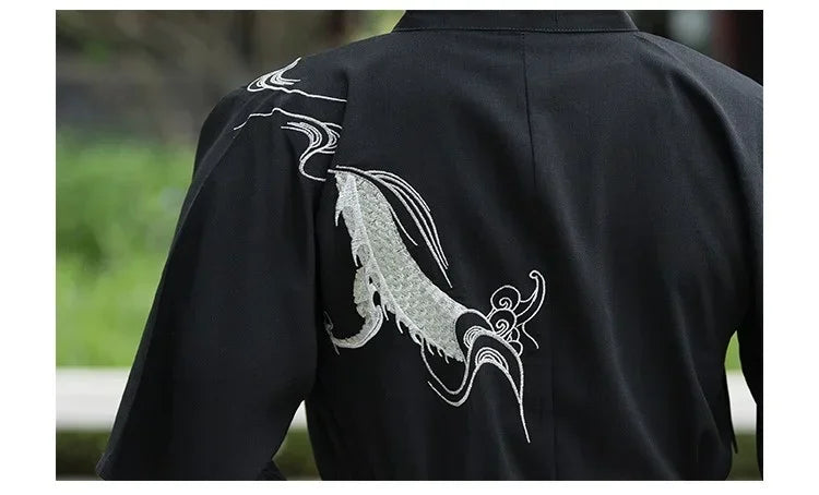 Kimono long noir brodé de dragons de derrière