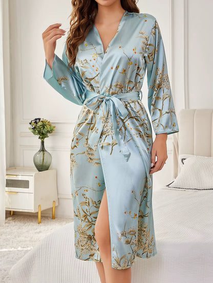 kimono japonais bleu floral doré