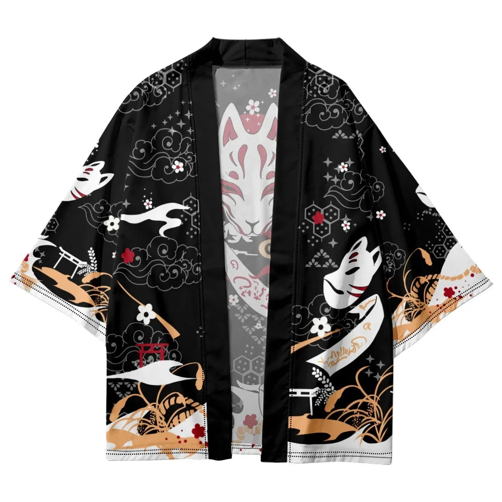 veste japonaise noire à motif kitsune et nuages japonais
