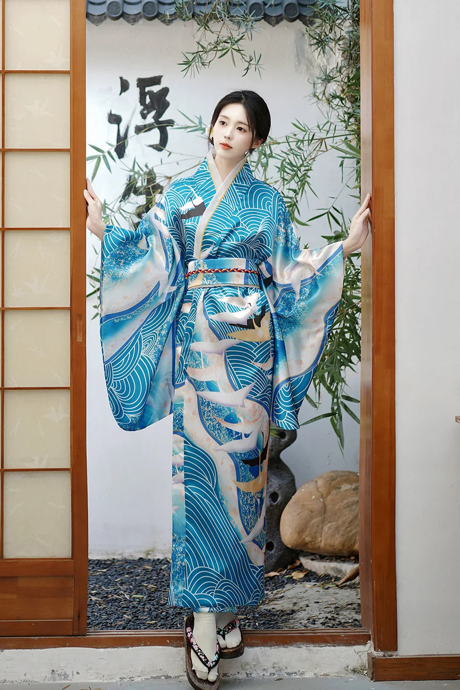 Yukata japonais bleu ciel imprimé cigogne/grue
